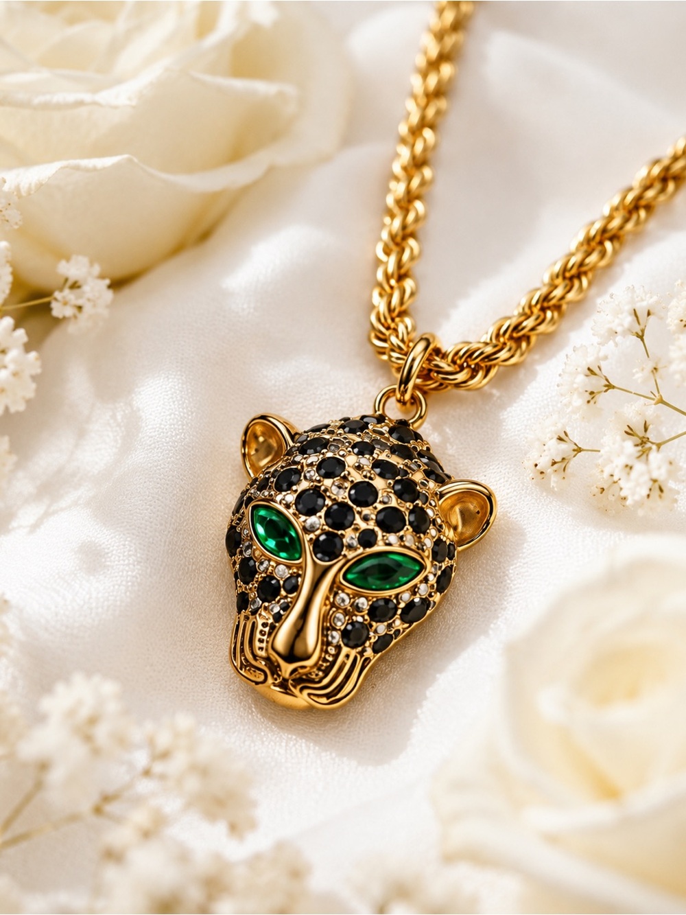 Gold Leopard Head Pendant Necklace with Black Stones and Green Eyes